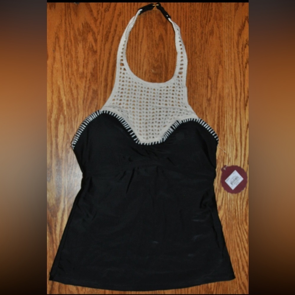 SO Brand High Neck Crochet Whip Stitch halter tankini black/ivory  Size M